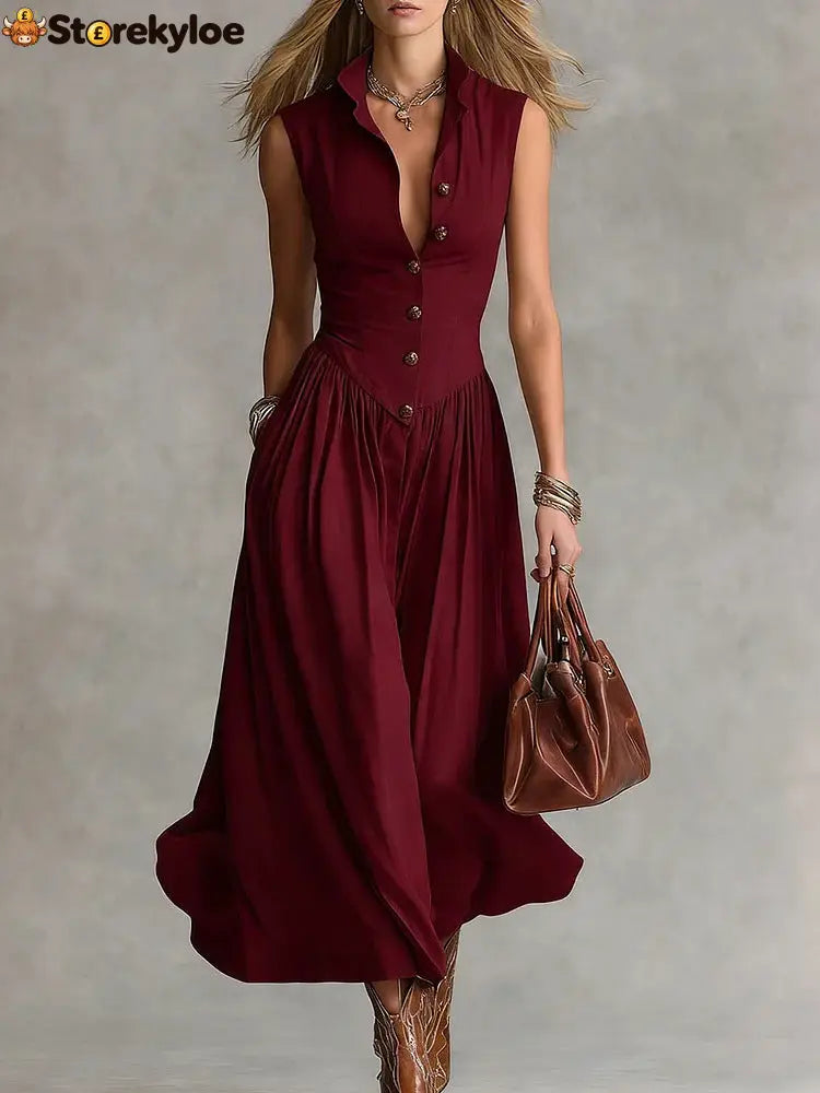 French Elegant Goddess Style Slim Fit Lapel Long Sleeveless Dress For Women - Claret / S