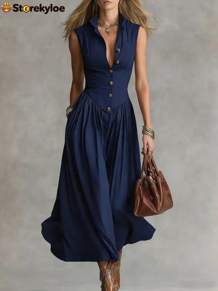 French Elegant Goddess Style Slim Fit Lapel Long Sleeveless Dress For Women - Dark blue / S