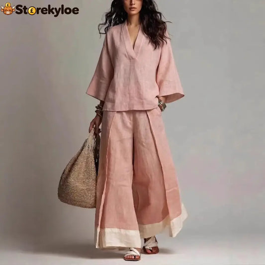 French V-Neck Three-Quarter Sleeve Shirt + Contrasting Color Wide-Leg Pants Suit For Women