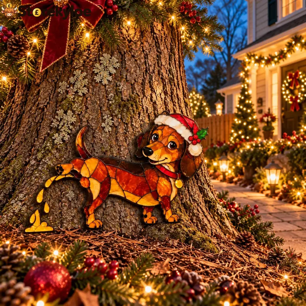 Funny Peeing Dachshund Christmas Decoration – Stained Glass-Style Sausage Dog Yard Art & Baseboard Decor