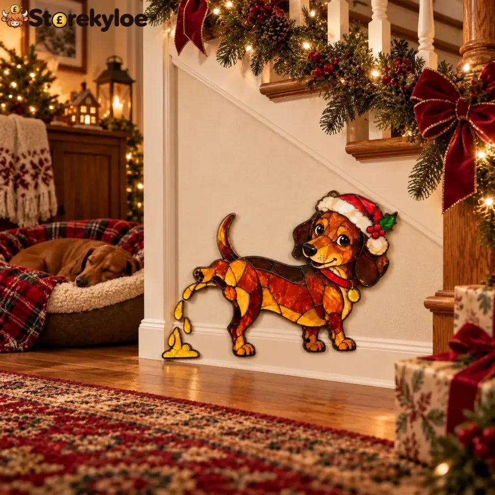 Funny Peeing Dachshund Christmas Decoration – Stained Glass-Style Sausage Dog Yard Art & Baseboard Decor