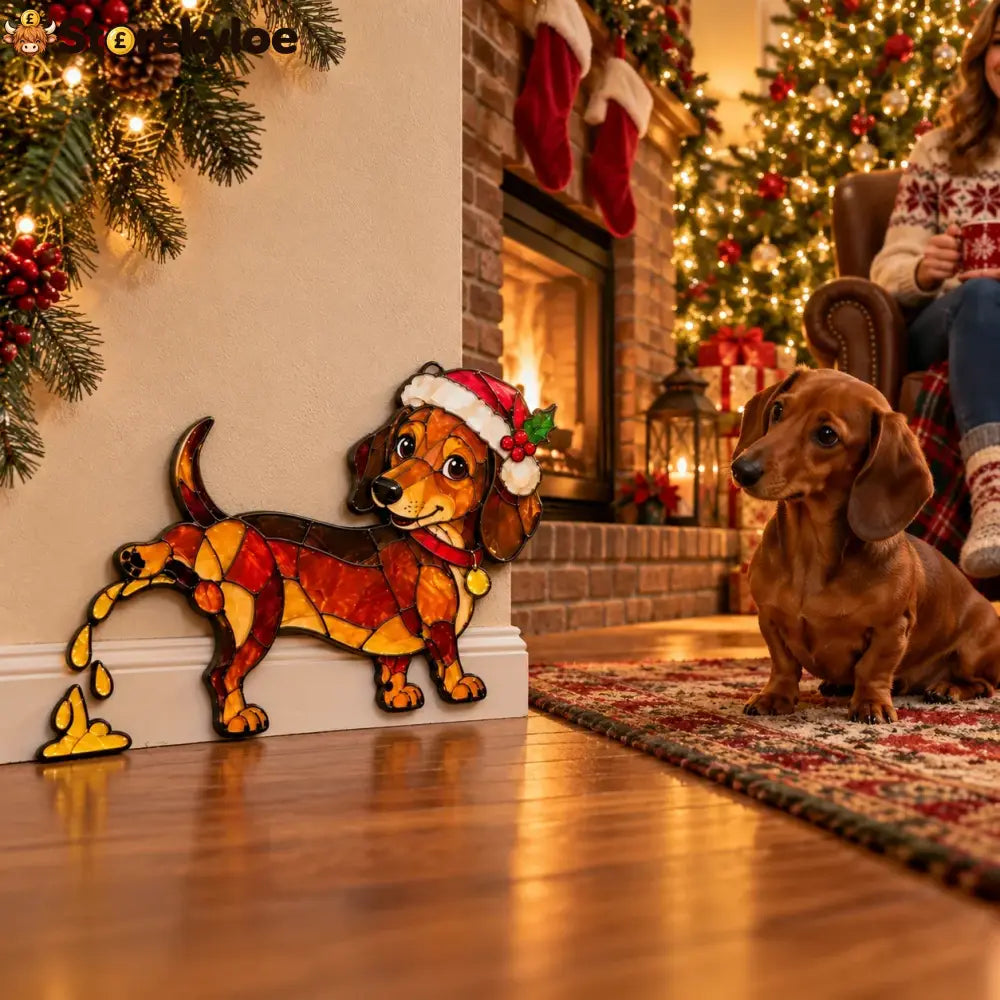 Funny Peeing Dachshund Christmas Decoration – Stained Glass-Style Sausage Dog Yard Art & Baseboard Decor