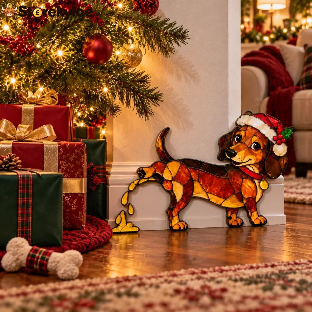 Funny Peeing Dachshund Christmas Decoration – Stained Glass-Style Sausage Dog Yard Art & Baseboard Decor