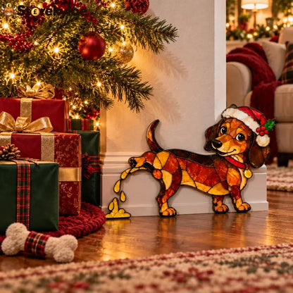 Funny Peeing Dachshund Christmas Decoration – Stained Glass-Style Sausage Dog Yard Art & Baseboard Decor