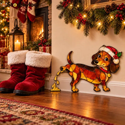 Funny Peeing Dachshund Christmas Decoration – Stained Glass-Style Sausage Dog Yard Art & Baseboard Decor