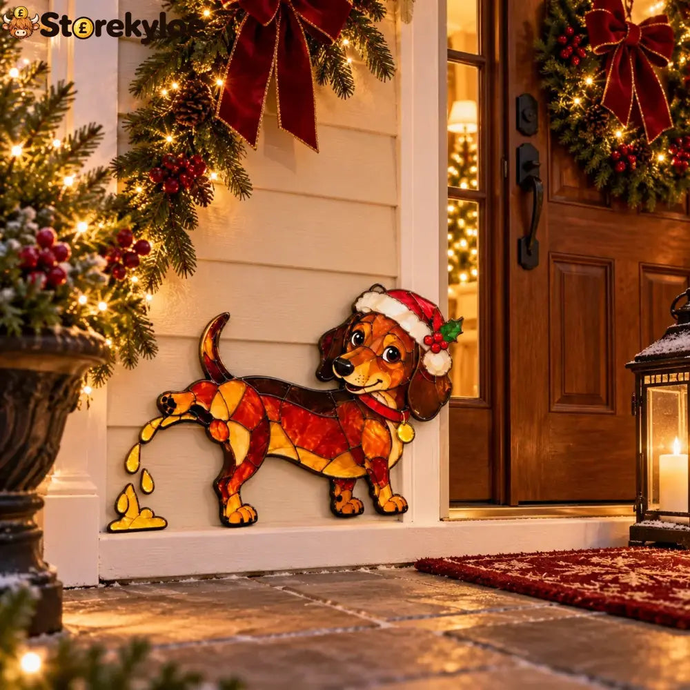 Funny Peeing Dachshund Christmas Decoration – Stained Glass-Style Sausage Dog Yard Art & Baseboard Decor - BUY 1