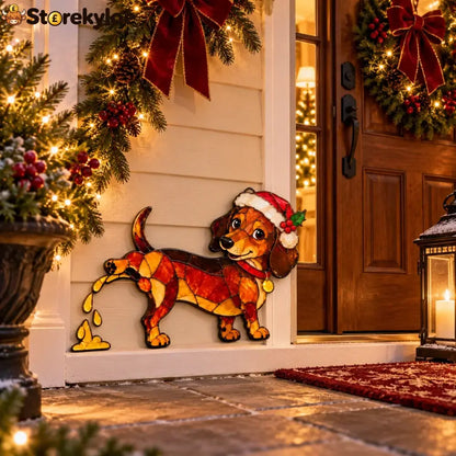 Funny Peeing Dachshund Christmas Decoration – Stained Glass-Style Sausage Dog Yard Art & Baseboard Decor - BUY 1