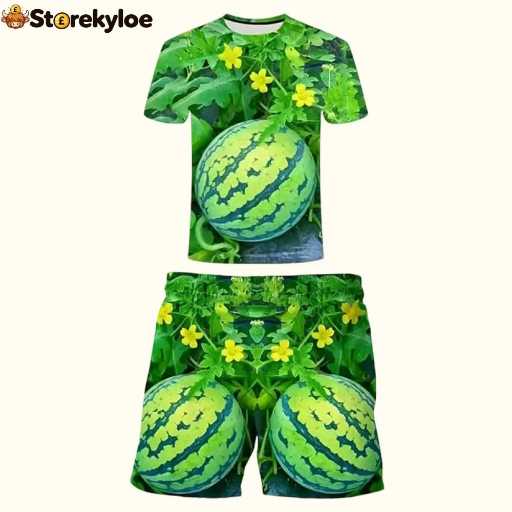 🍉 Funny Watermelon Print T-Shirt Set - Big Watermelon Pattern Short Sleeve Shorts Set / S