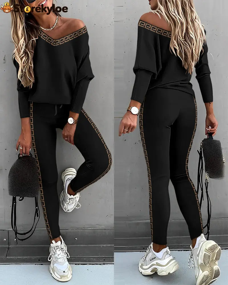 Geo Tape Patch Gigot Sleeve Top & Pants Set - Black / S