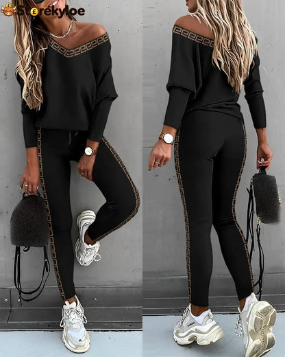 Geo Tape Patch Gigot Sleeve Top & Pants Set - Black / S