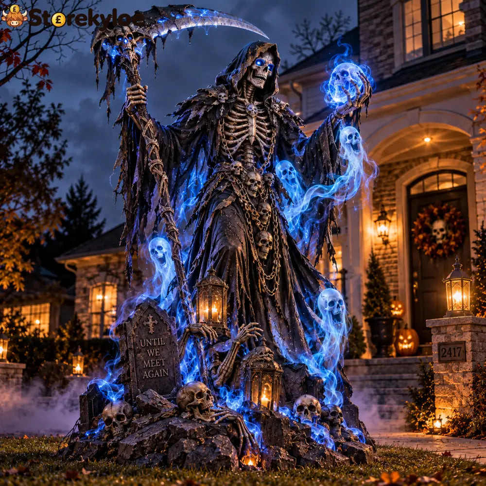 Giant Haunted Soul Reaper Lighted Halloween Yard Decoration – Glowing Grim Reaper with Ghostly Blue Spirits - New