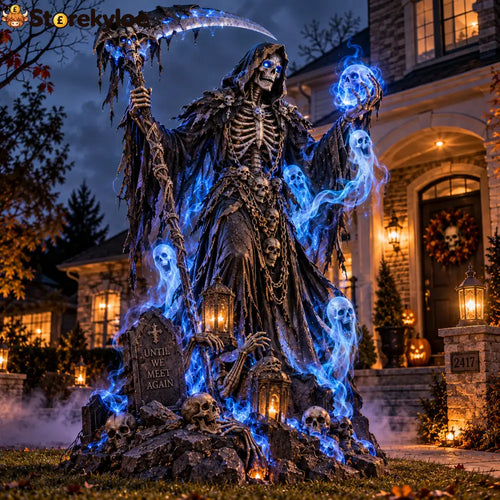 Giant Haunted Soul Reaper Lighted Halloween Yard Decoration – Glowing Grim Reaper with Ghostly Blue Spirits - New