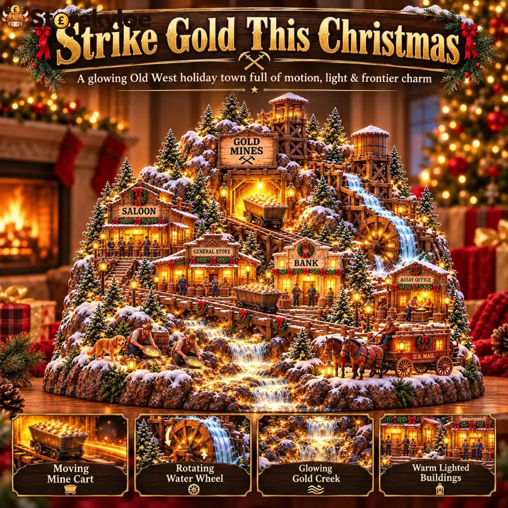 ⛏️✨ Gold Rush Christmas Mining Town™ – Lighted Old West Village with Moving Mine Cart & Gold Creek