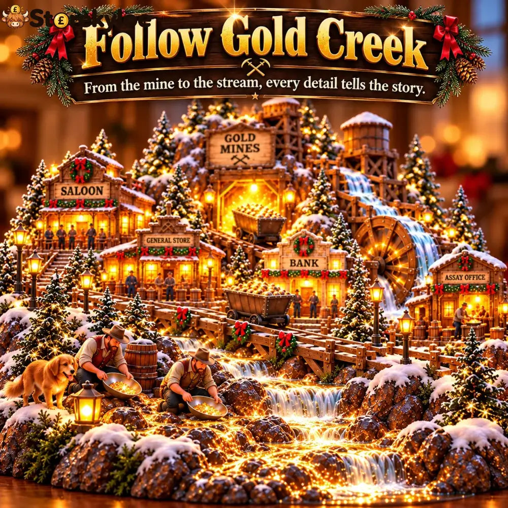 ⛏️✨ Gold Rush Christmas Mining Town™ – Lighted Old West Village with Moving Mine Cart & Gold Creek
