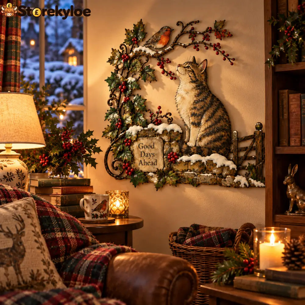 Good Days Ahead – Robin & Cat Winter Countryside Wall Decor: A nostalgic little piece of British winter filled with