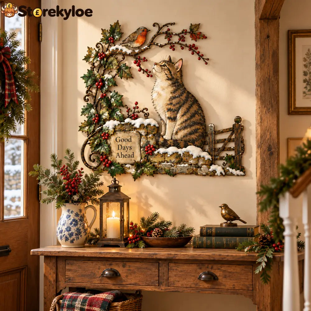 Good Days Ahead – Robin & Cat Winter Countryside Wall Decor: A nostalgic little piece of British winter filled with