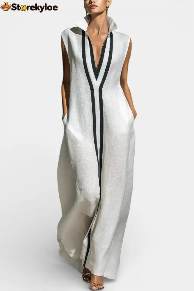Graphic Sleeveless Maxi Jumpsuit with Contrasting Trim - white / S