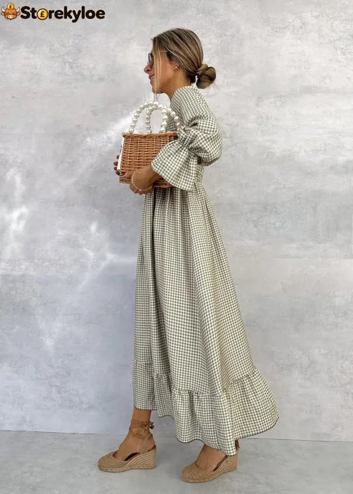 Green Check Round Neck Maxi Dress