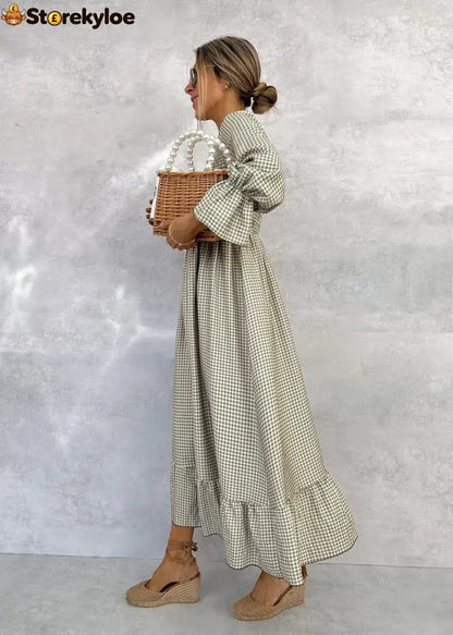 Green Check Round Neck Maxi Dress