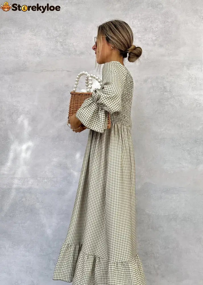 Green Check Round Neck Maxi Dress