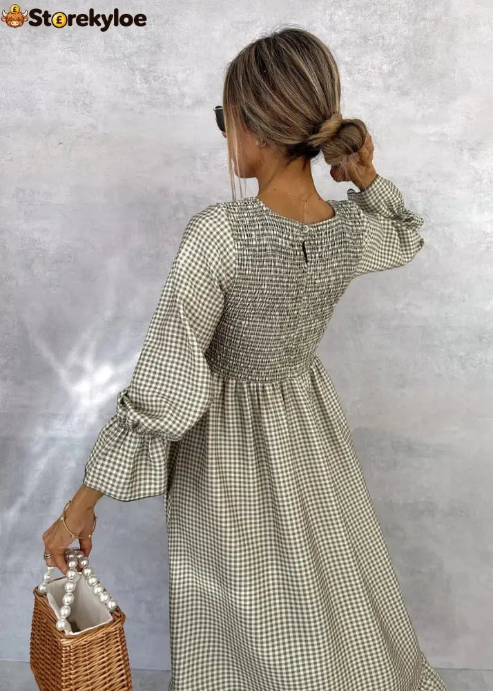 Green Check Round Neck Maxi Dress