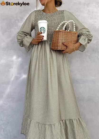 Green Check Round Neck Maxi Dress