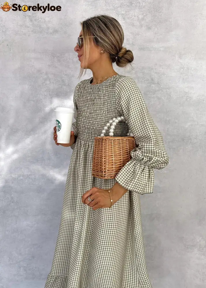 Green Check Round Neck Maxi Dress