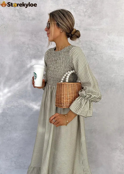 Green Check Round Neck Maxi Dress