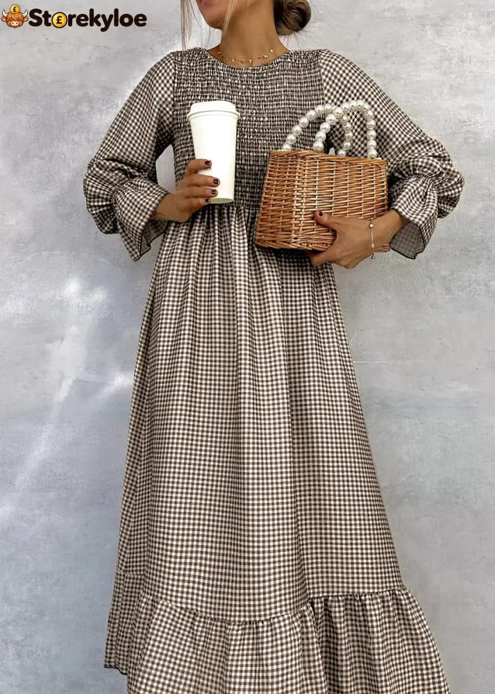 Green Check Round Neck Maxi Dress - Brown / S