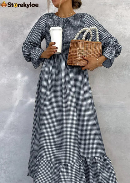 Green Check Round Neck Maxi Dress - Navy / S