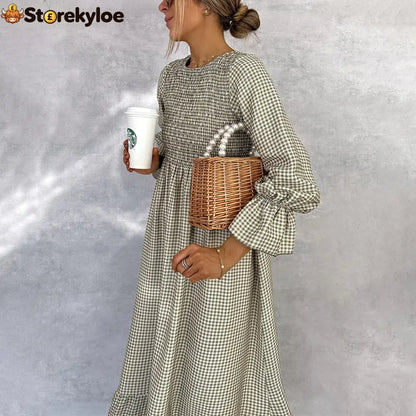 Green Check Round Neck Maxi Dress - Green / S