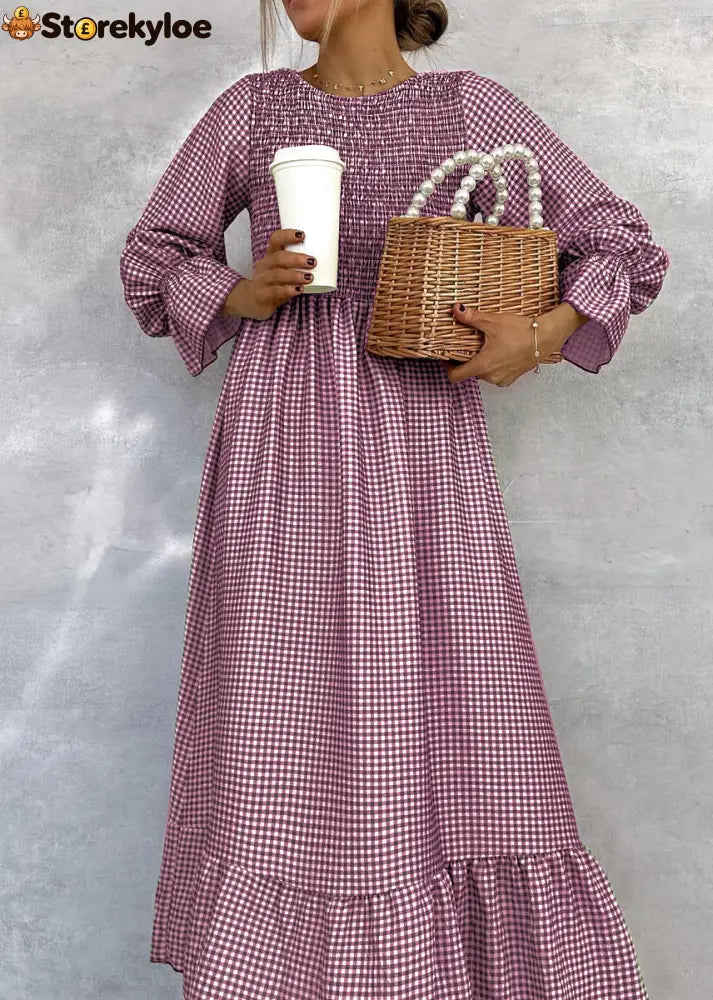 Green Check Round Neck Maxi Dress - Wine Red / S