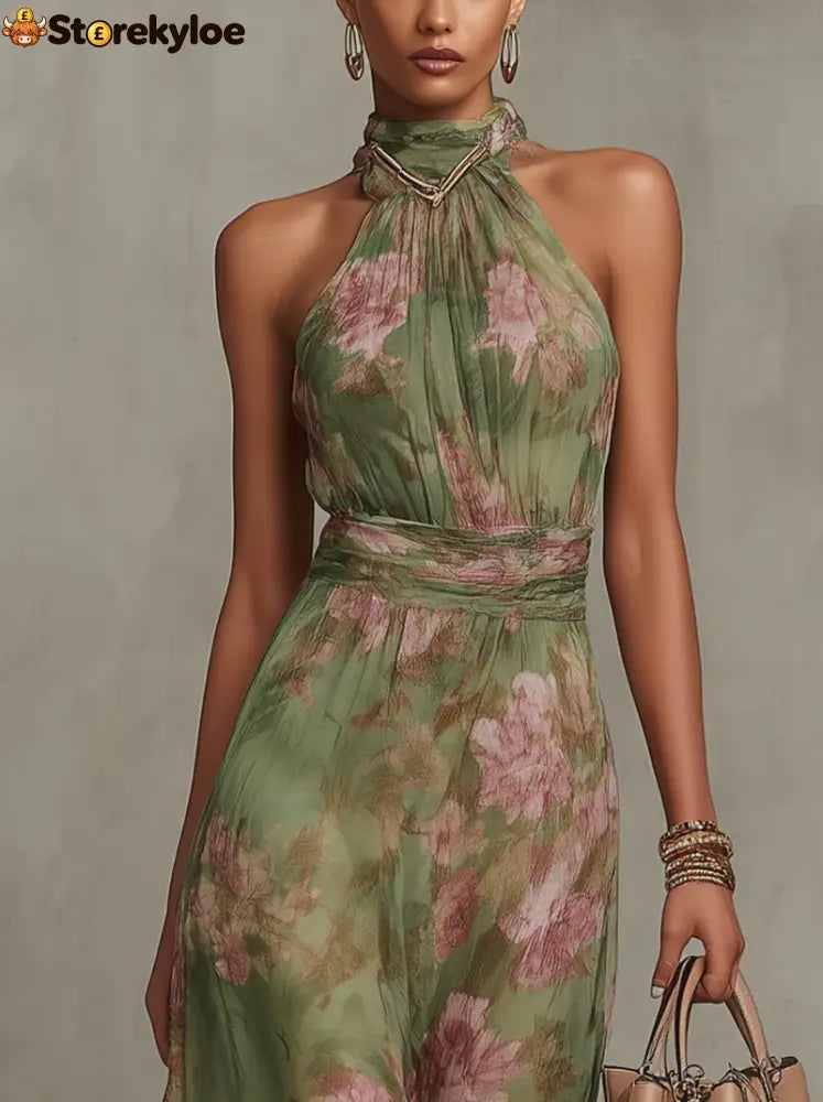 Green Floral Chiffon Halter Maxi Dress
