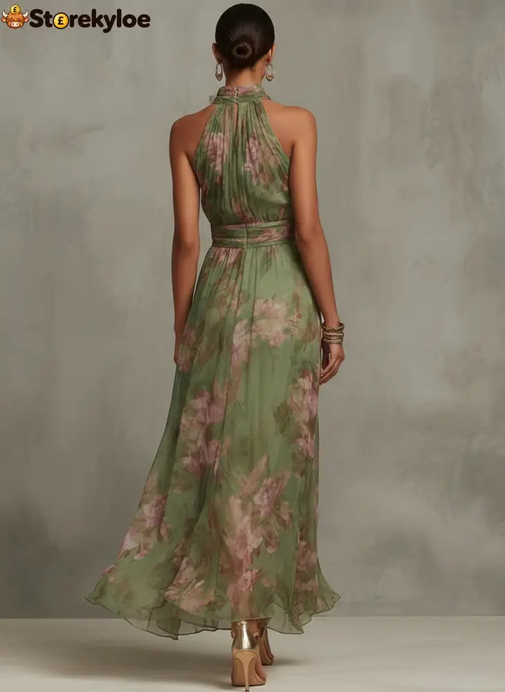 Green Floral Chiffon Halter Maxi Dress
