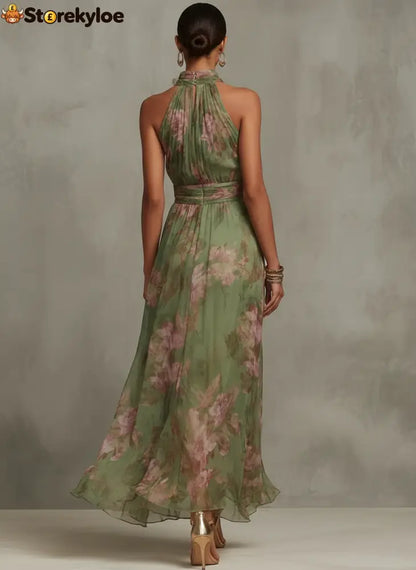 Green Floral Chiffon Halter Maxi Dress