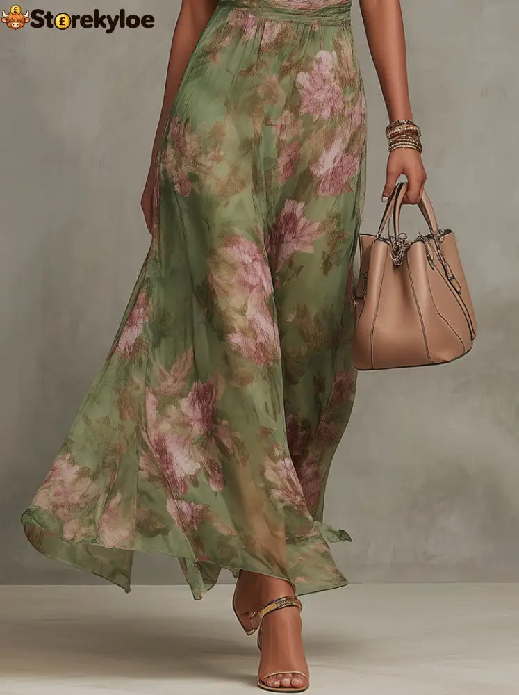 Green Floral Chiffon Halter Maxi Dress