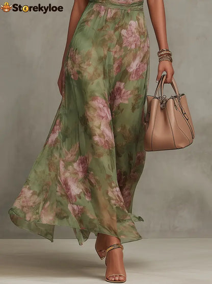 Green Floral Chiffon Halter Maxi Dress