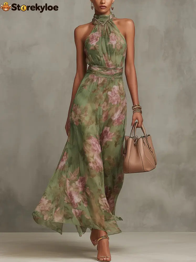 Green Floral Chiffon Halter Maxi Dress - Green / XS(2)