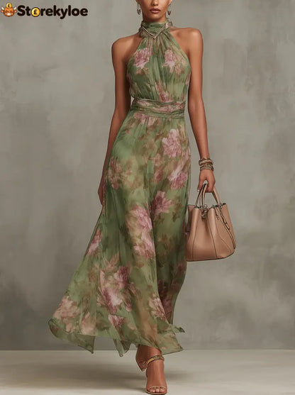 Green Floral Chiffon Halter Maxi Dress - Green / XS(2)