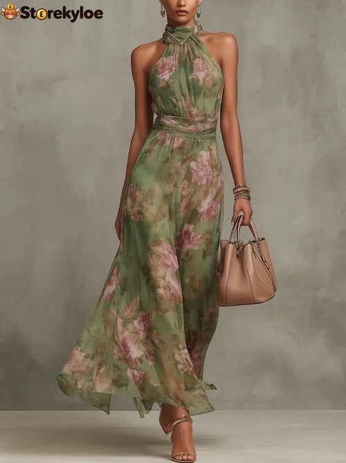 Green Floral Chiffon Halter Maxi Dress - Green / XS(2)
