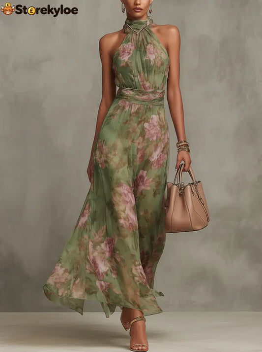 Green Floral Chiffon Halter Maxi Dress - Green / XS(2)
