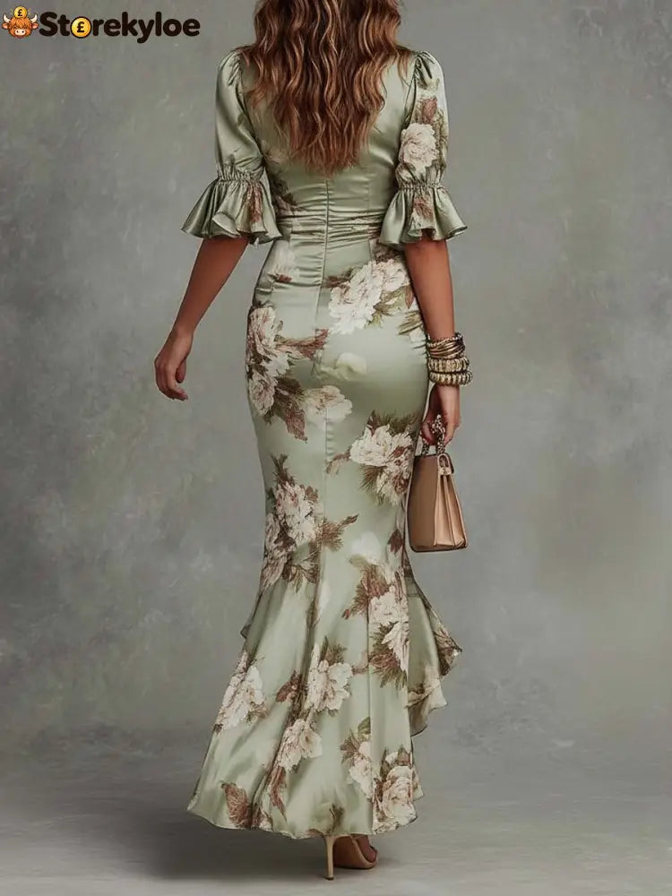 Green Floral Ruffled Bell Sleeve V-neck Satin Asymmetrical Maxi Dress