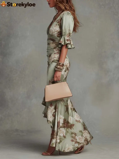 Green Floral Ruffled Bell Sleeve V-neck Satin Asymmetrical Maxi Dress