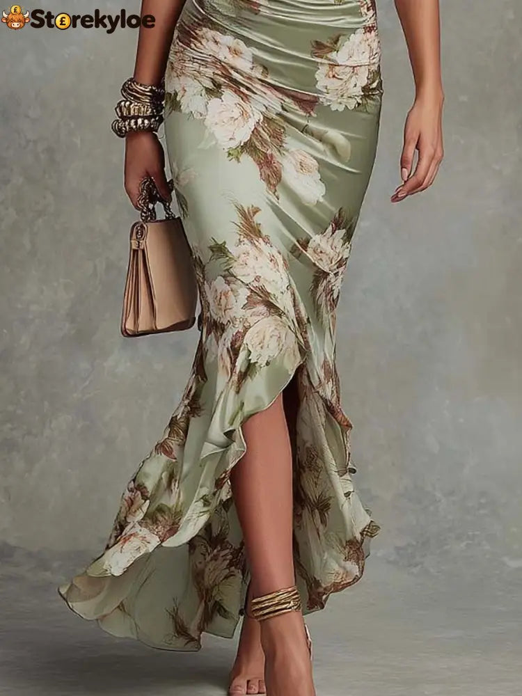 Green Floral Ruffled Bell Sleeve V-neck Satin Asymmetrical Maxi Dress