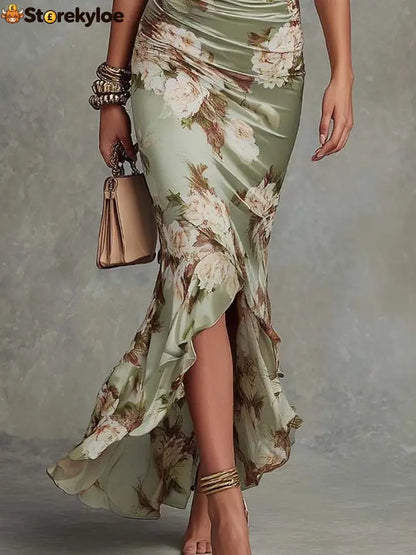 Green Floral Ruffled Bell Sleeve V-neck Satin Asymmetrical Maxi Dress