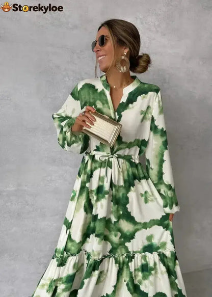 Green Long Sleeve V-Neck Maxi Dress