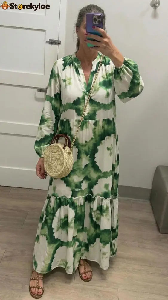 Green Long Sleeve V-Neck Maxi Dress