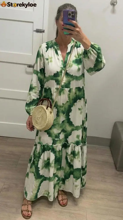 Green Long Sleeve V-Neck Maxi Dress