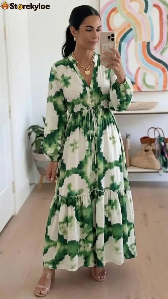 Green Long Sleeve V-Neck Maxi Dress