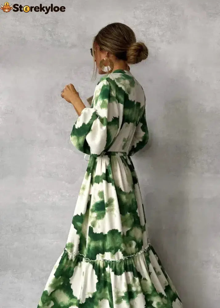 Green Long Sleeve V-Neck Maxi Dress